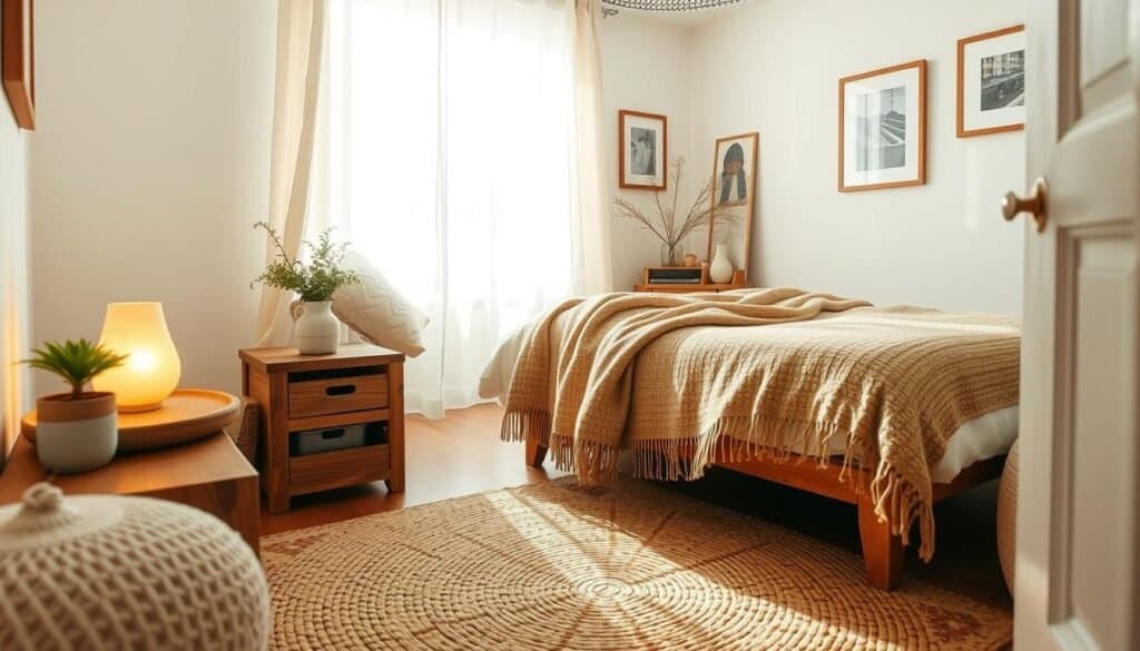 A cozy bedroom adorned with warm decorative elements, featuring a soft, inviting bed with plush pillows and a textured throw blanket. The foreground includes a rustic wooden nightstand with a small potted plant and a softly glowing lamp, casting a warm light. In the middle ground, a woven area rug adds warmth, complemented by light curtains fluttering in the gentle breeze, allowing bright natural sunlight to filter through. The background showcases neutral-toned walls adorned with framed art, enhancing the room's calm atmosphere. The entire scene conveys a sense of tranquility and comfort, bathed in soft sunlight, captured using a wide-angle lens to emphasize the airy quality of the space.