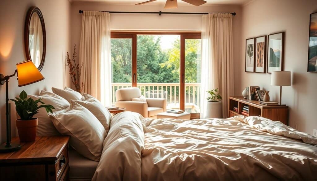 A cozy bedroom designed for relaxation, featuring a plush, inviting bed with soft, neutral-toned bedding and an array of fluffy pillows. In the foreground, a rustic wooden nightstand holds a small potted plant and a warm, ambient lamp. The middle space showcases a comfortable reading nook with a soft armchair and a stack of books, bathed in bright, natural light streaming through sheer curtains. The background features light-colored walls adorned with calming artwork, a large window with scenic outdoor views, and lush greenery visible outside. The atmosphere is serene and tranquil, evoking a sense of calmness and comfort. Soft sunlight filters into the room, enhancing the warm and inviting ambiance, shot with a wide-angle lens to capture the peaceful essence of the space.