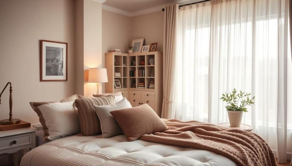 A cozy bedroom designed to add warmth through curated decor elements, featuring a soft, neutral color palette. In the foreground, a plush bed with layered bedding in creams and warm browns, adorned with textured pillows and a knitted throw. To one side, a small bedside table with an elegant table lamp casting a warm glow. In the middle, a charming reading nook with a vintage armchair and a small bookshelf, filled with carefully selected books and personal mementos. The background displays a large window draped with sheer curtains, allowing soft sunlight to filter in, enhancing the airiness of the space. The overall atmosphere is inviting and serene, promoting a sense of comfort and personal character in this beautifully curated environment.