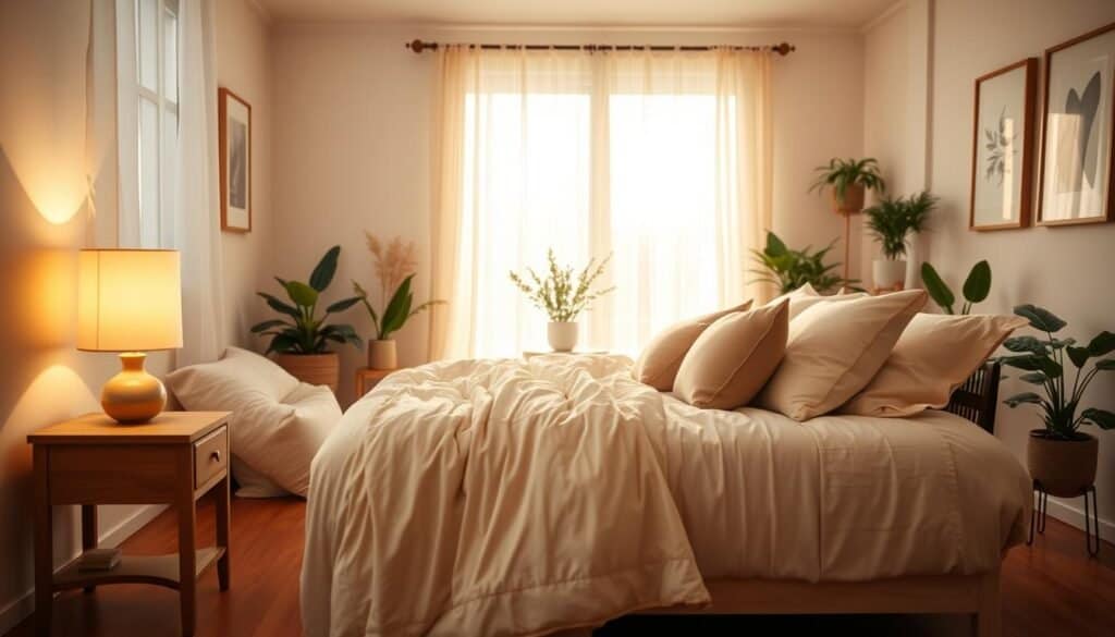 A cozy bedroom designed to evoke warmth and light, featuring a beautifully made bed with soft, neutral linens and an array of plush, inviting pillows. In the foreground, a wooden bedside table holds a glowing lamp, casting a gentle, golden light. The middle of the room showcases a large window adorned with sheer curtains, allowing bright, natural sunlight to filter through, illuminating the space. In the background, tastefully arranged artwork and plants add life and color to the walls without overwhelming the design. The atmosphere is serene and inviting, enhanced by the warm wooden flooring and light, airy design elements, creating a perfect balance of warmth and light in this tranquil retreat.