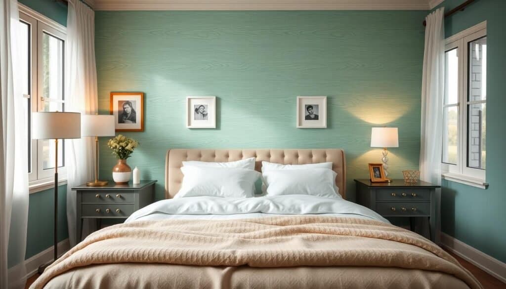 A cozy bedroom featuring a stunning accent wall painted in a calming seafoam green, adorned with a textured wood pattern. In the foreground, a neatly made queen-sized bed with fluffy white pillows and a soft beige throw blanket, framed by two elegant bedside tables. On the left, a stylish lamp emits soft, warm light, enhancing the inviting atmosphere. The middle of the room showcases the accent wall, which serves as a focal point, with a few tasteful framed artworks hung at eye level. In the background, large windows bathe the room in bright, natural light, with sheer white curtains gently fluttering. The mood is serene and tranquil, ideal for a peaceful retreat. This scene is captured with a wide-angle lens, emphasizing the harmonious blend of colors and textures throughout the space.