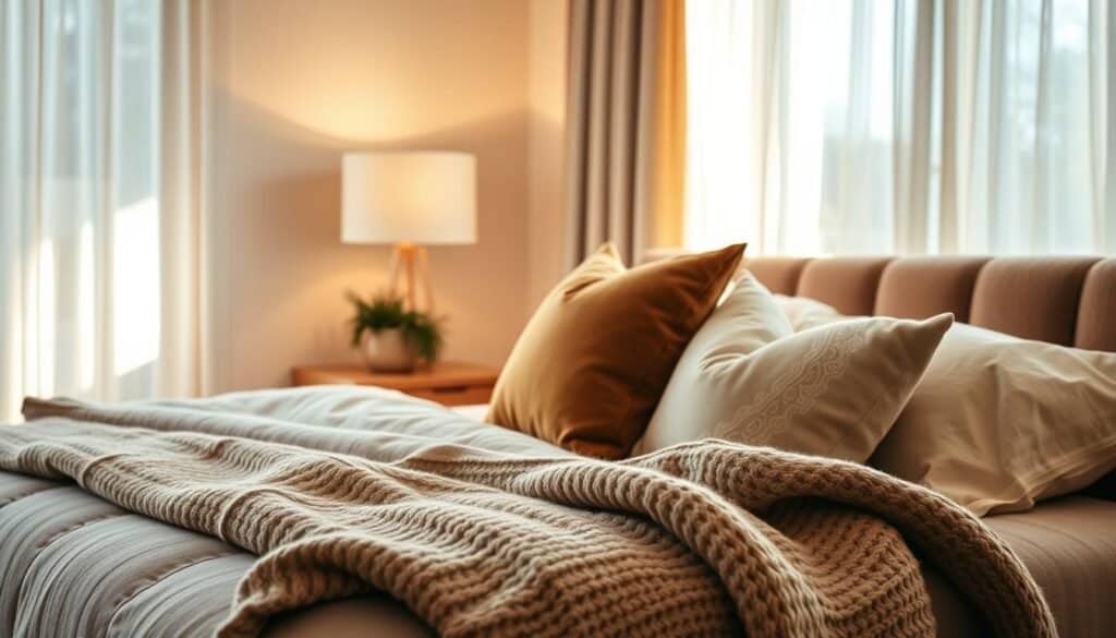 A cozy bedroom featuring luxurious textiles, with a focus on rich, soft fabrics like velvet, cashmere, and fine linen. In the foreground, an elegant upholstered bed adorned with layered plush pillows in warm earth tones, complemented by a textured knitted throw draped casually at the foot. The middle ground showcases a stylish wooden bedside table with a minimalist lamp, casting a gentle light. In the background, a large window lets in bright natural light, illuminating sheer curtains that flutter slightly with a soft breeze, enhancing the airy atmosphere. The overall mood is inviting and serene, perfect for a comfortable retreat, captured with a soft focus lens to create a dreamy effect.