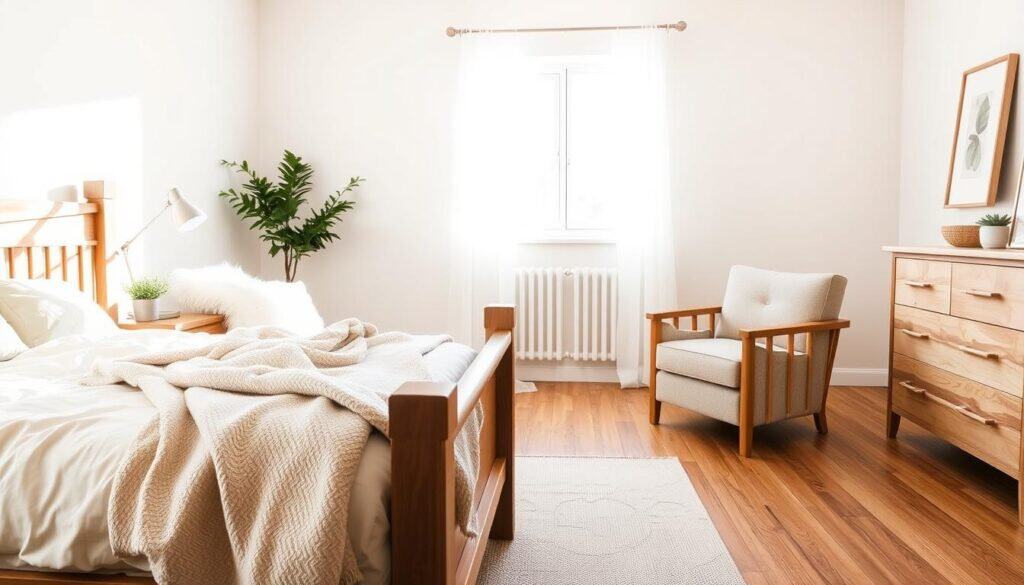 A cozy bedroom featuring wooden furniture ideas that exude warmth while maintaining a light, airy atmosphere. In the foreground, a beautifully crafted wooden bed frame with fluffy, light-colored linens and a plush throw blanket draped casually. Beside the bed, a stylish nightstand adorned with a small potted plant and a soft-glowing lamp. The middle ground displays a comfortable armchair upholstered in a soft fabric, positioned near a large window that allows bright, natural light to flood the room, casting gentle shadows. The background showcases light-colored walls decorated with calming art, and a light wooden dresser harmonizing with the wooden accents. The mood is welcoming and tranquil, illuminated by soft sunlight, creating a serene sanctuary. The angle captures the inviting details of the furniture while highlighting the overall brightness and warmth of the space.