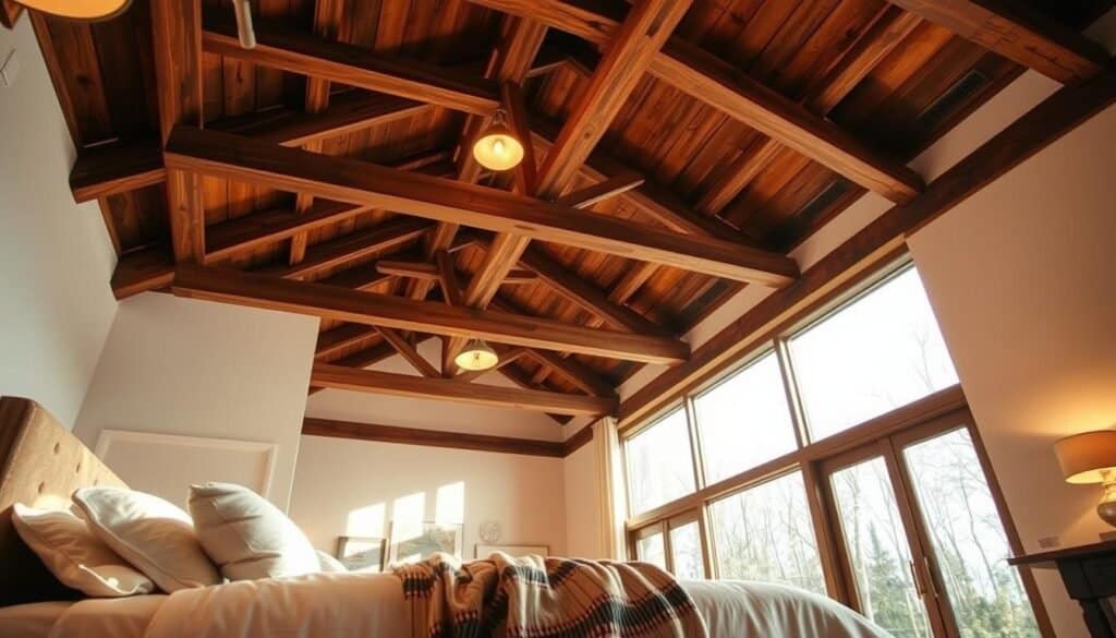 A cozy bedroom interior showcasing an intricate wooden beams ceiling design. The foreground features a plush bed with soft, neutral bedding and a stylish quilt thrown casually. In the middle ground, the ceiling is a masterpiece of rustic wooden beams crisscrossing elegantly, adorned with warm, ambient lighting fixtures casting soft shadows. The background includes large windows that allow bright, natural sunlight to pour in, enhancing the airy atmosphere. The overall color palette consists of earthy tones, with the warmth of the wood contrasted against light, airy walls. The mood is inviting and serene, perfect for a tranquil retreat. Capture this scene with a wide-angle lens to convey depth, highlighting the elegant craftsmanship of the wooden beams ceiling in a beautifully lit space.