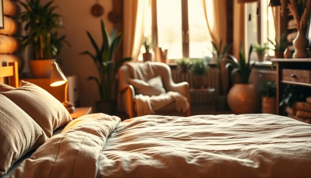 A cozy bedroom scene featuring a beautifully styled space with warm, inviting lighting. In the foreground, a plush, neatly made bed with soft, textured linens and an array of decorative pillows in earthy tones. A wooden bedside table holds a small, glowing lamp and a succulent plant. In the middle ground, a comfortable armchair draped in a soft throw blanket sits beside a large window, where gentle, diffused sunlight creates a serene ambiance. The background showcases warm wooden accents and earthy decor, with plants bringing a touch of nature. The overall atmosphere conveys warmth and tranquility, ideal for relaxation. The image is captured using a soft-focus lens, accentuating the cozy lighting and inviting textures.