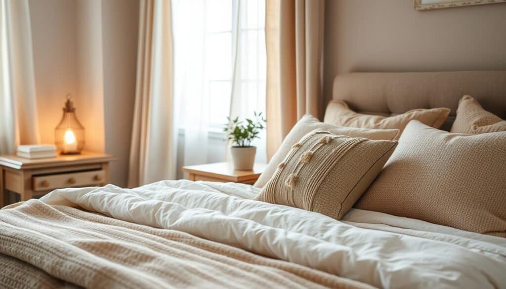 A cozy bedroom scene featuring beautifully layered bedding in soft, inviting colors. In the foreground, a neatly made bed adorned with plush, textured throws and a generous assortment of decorative pillows. The middle ground showcases a rustic wooden nightstand with a small potted plant and a softly glowing lamp, enhancing the warm atmosphere. In the background, light, airy curtains flutter slightly in a gentle breeze, allowing bright natural light to illuminate the space. The overall mood is tranquil and inviting, perfect for relaxation. The image should capture the essence of comfort and thoughtfulness, emphasizing a well-styled bedroom without any distractions or additional elements.