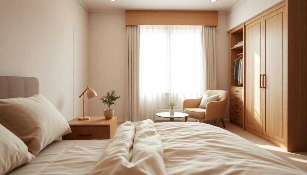 A cozy bedroom scene featuring elegant, minimalist furniture designed to maximize space and comfort. In the foreground, a plush, neatly made bed with soft, inviting linens in warm, neutral tones. A stylish wooden nightstand beside the bed holds a small plant and a petite lamp emitting soft, ambient light. The middle ground showcases a comfortable reading nook with a plush armchair and a small, round coffee table, perfectly positioned by a window that invites bright, natural light streaming in. The background features a tastefully organized wardrobe, with wooden finishes that enhance the warmth of the space. The overall atmosphere is serene and inviting, with soft, diffused sunlight casting gentle shadows, creating an airy, well-lit environment perfect for relaxation.
