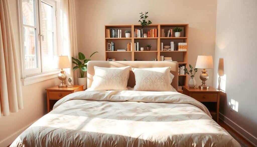A cozy bedroom scene that exudes warmth without feeling dark. In the foreground, a neatly made bed with a soft, light beige comforter adorned with patterned throw pillows in pastel shades. On either side of the bed, warm wooden nightstands hold glowing, elegant lamps. In the middle, a light-colored rug complements the room's airy feel. The walls are painted in soft cream, enhancing the space's brightness. A window lets in soft sunlight, casting gentle shadows that create a tranquil atmosphere. In the background, a bookshelf filled with neatly organized books and plants adds a touch of greenery. The overall ambiance is inviting and serene, with a focus on natural light and comfortable furnishings, highlighting a harmonious blend of warmth and brightness.