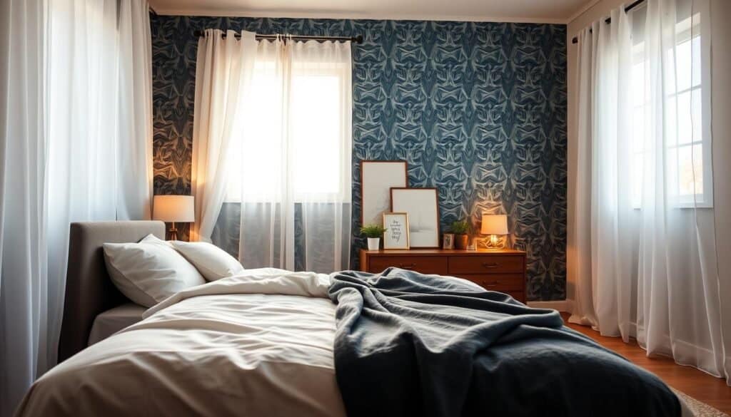 A cozy bedroom showcasing a stylish accent wall that serves as a focal point. The foreground features a beautifully arranged bed with soft, neutral bedding against the accent wall, which displays a bold, geometric pattern in shades of deep blue and light gray. In the middle ground, a wooden nightstand holds a small potted plant and a stylish lamp, while some art pieces are thoughtfully arranged above the bed. The background reveals softly illuminated windows dressed in sheer white curtains, allowing warm, natural light to fill the room, creating an inviting and airy atmosphere. The mood is serene and modern, with hints of elegance, perfectly embodying thoughtful bedroom styling. The perspective is from a slight angle to emphasize depth and the overall design of the space.