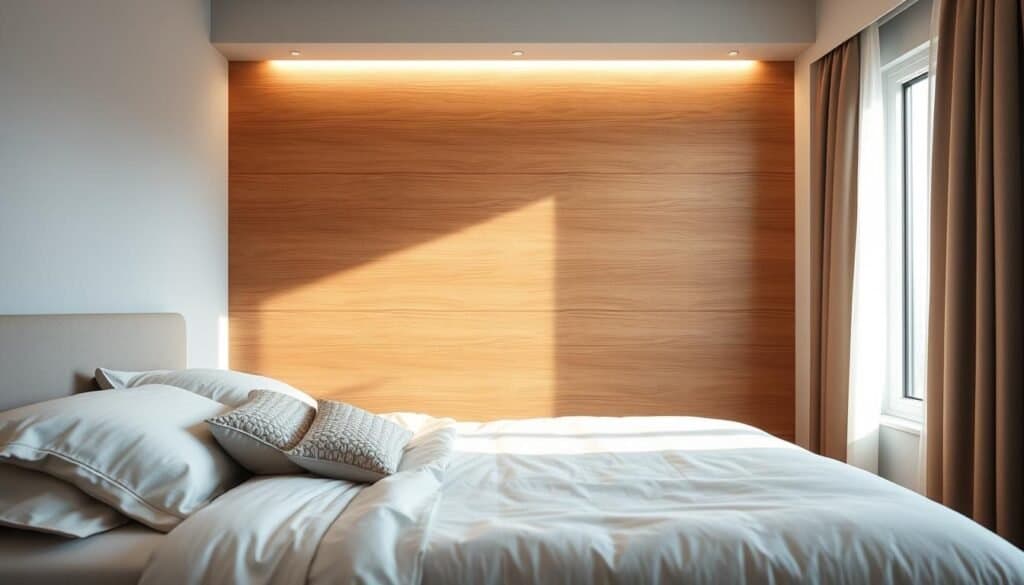A cozy bedroom wall featuring an elegant wooden accent panel, designed with clean lines and a warm finish that exudes tranquility. The foreground showcases a stylish bed with soft, neutral linens and a couple of decorative pillows. In the middle ground, the wooden panel stands out, intricately textured with subtle grain patterns, complemented by soft ambient lighting that highlights its natural beauty. In the background, a well-lit window allows soft sunlight to filter in, casting gentle shadows and enhancing the serene atmosphere. The overall mood is restful and inviting, perfect for a peaceful retreat. The image should be captured with a slight angle to emphasize depth, and the setting should feel airy and bright.