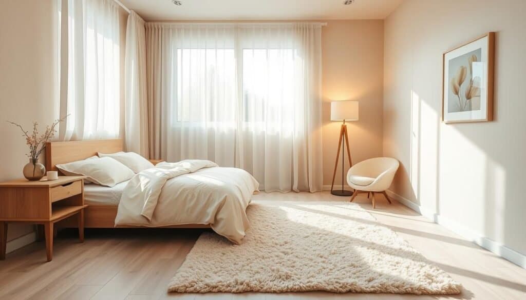 A cozy beige bedroom with soft textures and warm lighting, featuring a plush, neutral-toned bedspread adorned with gentle patterns. In the foreground, a natural wooden bedside table displays a small vase of fresh flowers. The middle of the room showcases a plush area rug that invites comfort, complementing the beige color palette. A large window allows soft sunlight to flood in, creating a bright and airy atmosphere, with sheer curtains gently swaying. The walls are painted in a light beige hue, accented by tasteful wall art that reflects an inviting warmth. A stylish, minimalist lamp casts a warm glow, enhancing the room's serene vibe. Capture this scene from a slightly elevated angle to emphasize the spaciousness and tranquil essence of the space.