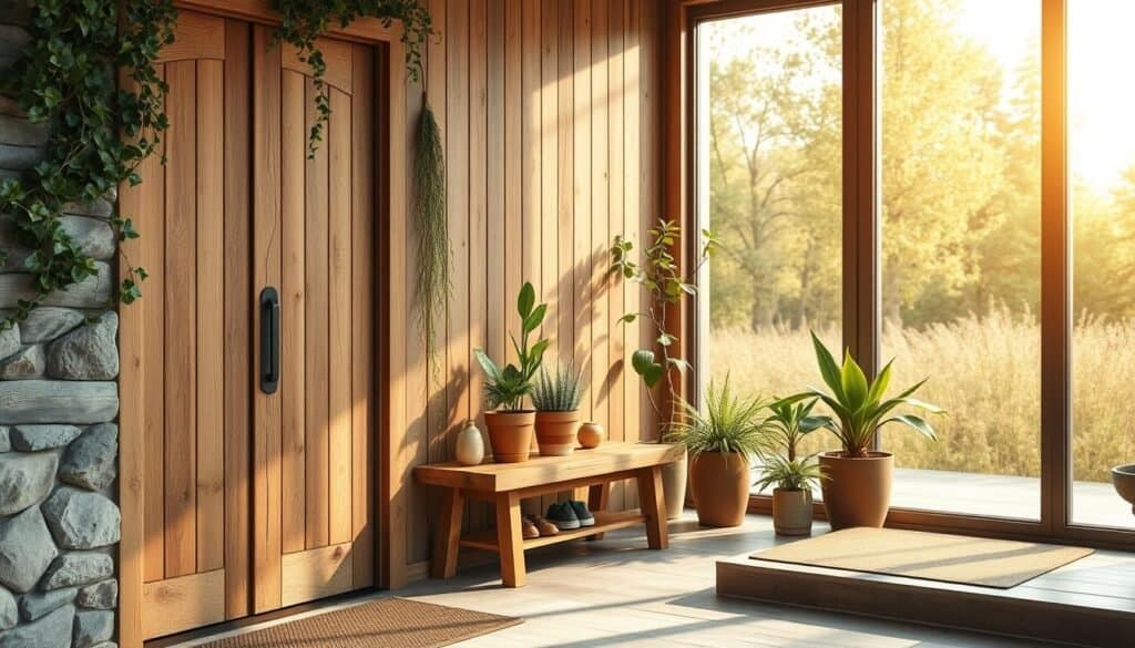 A cozy biophilic entryway featuring a blend of natural materials like wood, stone, and greenery. In the foreground, a handcrafted wooden door made from reclaimed timber, adorned with climbing plants for a welcoming vibe. The middle ground includes a stylish shoe bench made of natural oak, paired with indoor potted plants that invite nature indoors. In the background, large glass windows allowing soft, warm sunlight to flood the space, creating a bright, airy atmosphere. The lighting is gentle, enhancing the organic textures of the wood and stone, while shadows dance softly across the floor. Overall, the scene conveys warmth and tranquility, ideal for making a memorable first impression.