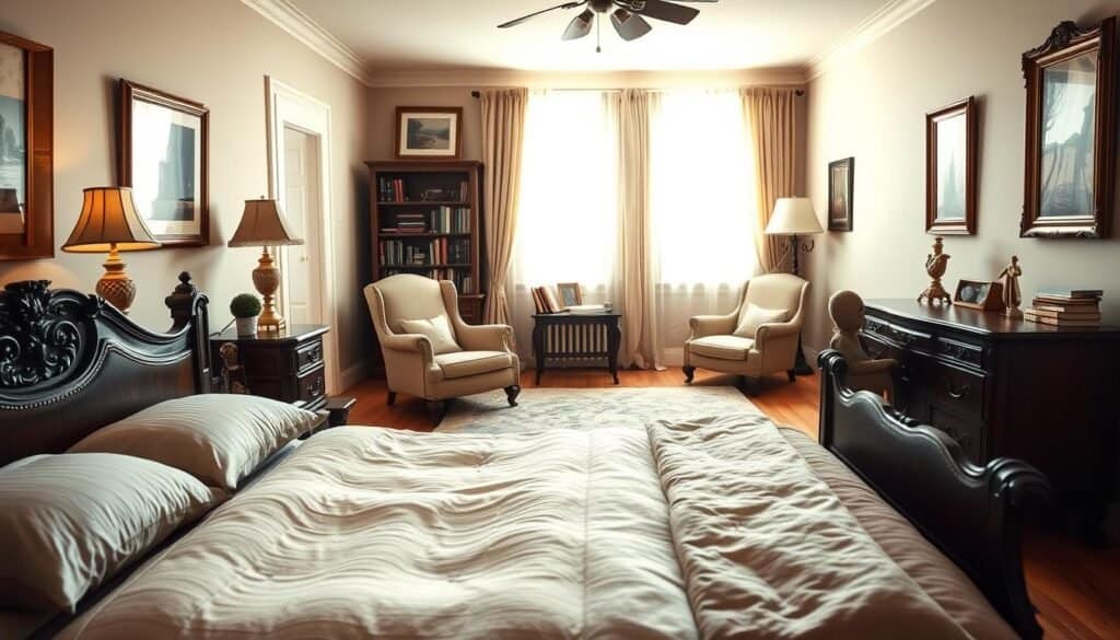 A cozy classic bedroom interior featuring elegant furniture pieces that embody timeless design. In the foreground, a beautifully crafted wooden bed frame with a plush, inviting mattress and soft bedding in muted colors. On either side, intricately designed nightstands with vintage lamps casting a warm glow. The middle features a cozy reading nook with a classic armchair and a small side table, surrounded by books. In the background, a gently draped window allowing bright natural light to filter through, illuminating the space. The walls are adorned with tasteful artworks, and the floor is laid with a plush area rug. The atmosphere is serene and inviting, evoking a sense of comfort and tranquility, captured in soft sunlight, using a wide-angle lens to enhance the depth and space of the room.