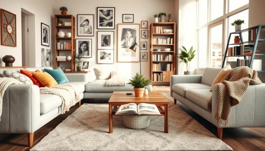 A cozy contemporary living room adorned with tasteful decorations. The foreground features a plush, light gray sectional sofa with colorful throw pillows and a soft knit blanket draped over one arm. A stylish wooden coffee table sits in front, holding a small potted plant and an open book. In the middle, a large area rug anchors the scene, complemented by a sleek floor lamp casting soft, warm light. The background showcases a gallery wall of framed art and a tall bookshelf filled with neatly organized books and decorative items. Bright, natural light pours in through large windows, creating an airy atmosphere. The overall mood is inviting and relaxing, perfect for a comfortable living space. The image is well-composed, shot with a wide-angle lens to capture the entirety of the room.