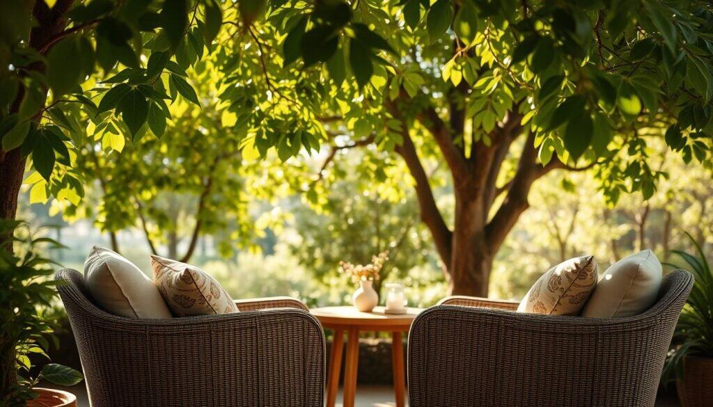 A cozy conversation nook nestled under a canopy of lush green trees, featuring two comfortable armchairs adorned with soft, decorative cushions, positioned around a small wooden table. The foreground showcases a close-up of the inviting seating arrangement, with warm, natural fabrics creating an intimate vibe. In the middle ground, sunlight filters through the leaves, casting playful shadows and illuminating the scene with soft, warm tones. The background reveals dappled sunlight streaming through the branches, enhancing the tranquil atmosphere of the space. The setting is serene, surrounded by gentle greenery, evoking a sense of peace and relaxation, perfect for intimate gatherings. The image is captured with a gentle focus, emphasizing the comfort and allure of this inviting nook.