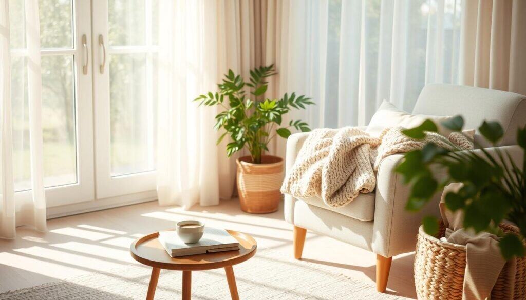 A cozy corner in a bright, airy room filled with natural light, showcasing a comfortable armchair adorned with soft cushions and a warm knitted throw. In the foreground, a small wooden side table holds a steaming cup of coffee and a few well-loved books. In the middle ground, a lush houseplant adds a touch of greenery, while a woven basket sits nearby, filled with extra blankets. The background features a large window with sheer curtains, allowing soft sunlight to filter through, illuminating the space with a warm glow. The atmosphere is inviting and serene, perfect for relaxation or reading, evoking a sense of personal comfort and tranquility.