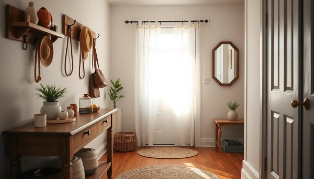 A cozy cottage hallway entrance featuring smart storage solutions. In the foreground, a stylish wooden console table with neatly arranged decorative objects and a small potted plant. The middle layer includes a set of charming hooks on the wall, displaying hats and bags, and an inviting woven rug on the polished hardwood floor. In the background, soft, natural light filters through a window adorned with airy sheer curtains, illuminating a framed vintage mirror that adds depth. The atmosphere is warm and welcoming, emphasizing tidiness and functionality, with elements that create an organized yet homey feel. Capture this scene from a slightly elevated angle to showcase the interplay of light and decor, evoking a sense of calm and order.