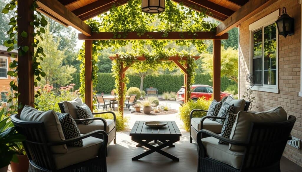 A cozy covered patio featuring inviting seating options, including plush cushioned chairs and a stylish wooden coffee table, positioned in the foreground. The middle ground showcases a charming trellis adorned with climbing vines, creating a natural canopy. In the background, a well-manicured garden blooms vibrantly under bright natural light, with soft sunlight filtering through the leaves, casting gentle shadows. The scene captures a serene and comfortable atmosphere, inviting relaxation year-round. The perspective is slightly angled to show depth, with the camera focusing on the details of the furniture and decor, all rendered in rich, warm colors to enhance the welcoming feel of the space.