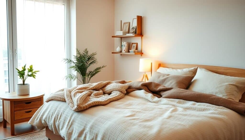 A cozy earthy bedroom featuring soft neutral tones, with a large window allowing bright natural light and airy atmosphere. The foreground showcases a plush, textured bed with layered linens in shades of beige and soft brown, adorned with chunky knit throws and a couple of decorative pillows. To the side, a handcrafted wooden nightstand holds a small potted plant and an elegantly simple lamp, casting a warm, inviting glow. In the middle, a light rug adds warmth to the wooden floor, while wall-mounted shelves display a few curated books and natural decor items, enhancing the earthy feel. The background shows a serene, softly painted wall that complements the room’s total ambiance. The overall mood is relaxing, intimate, and effortlessly warm, ideal for an inviting bedroom space.