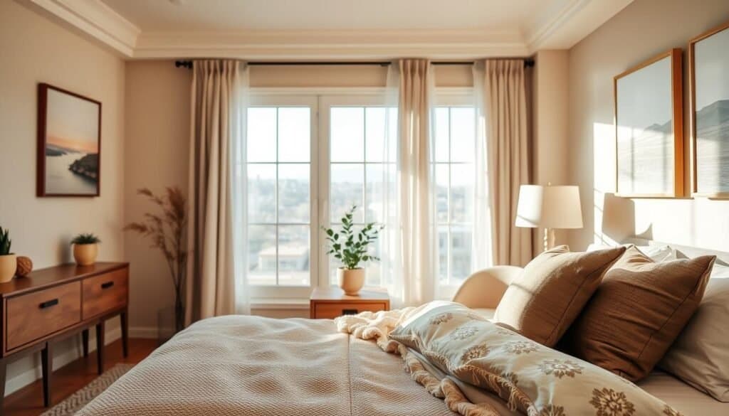 A cozy, elegantly designed bedroom featuring warm color schemes such as soft beige, warm taupe, and muted sage green. The foreground showcases a plush bed with a textured quilt and an array of soft throw pillows in earth tones. In the middle, a stylish wooden nightstand holds a small potted plant and a calming table lamp, exuding a sense of serenity. The background reveals large windows that invite bright, natural light to flood the space, accentuating the airy atmosphere. Delicate curtains flutter gently in the breeze. The room is adorned with tasteful artwork on the walls featuring minimalist landscapes, creating a harmonious balance between warmth and lightness. The setting evokes a peaceful, inviting mood, perfect for relaxation and comfort.