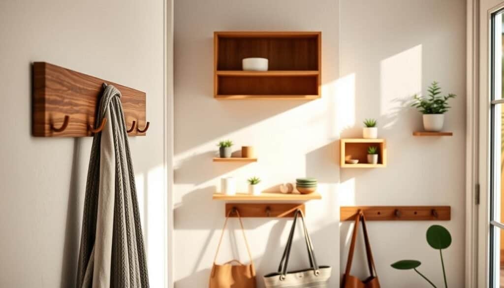 A cozy entryway featuring space-saving wooden wall organizers and coat racks, showcasing a blend of functionality and elegance. In the foreground, a sleek, natural wood coat rack with curved hooks, neatly holding a stylish jacket and a scarf. The middle ground highlights a series of minimalist wooden wall organizers, accentuated with small potted plants and decorative items, all mounted on a light, textured wall. The background reveals a bright and airy ambiance, with soft sunlight filtering through a nearby window, casting warm shadows. The overall mood is inviting and homely, perfect for a welcoming entryway. Use realistic home décor photography techniques, emphasizing natural light and an intimate, well-composed angle that draws the viewer’s eye to the details of the woodwork and organization.