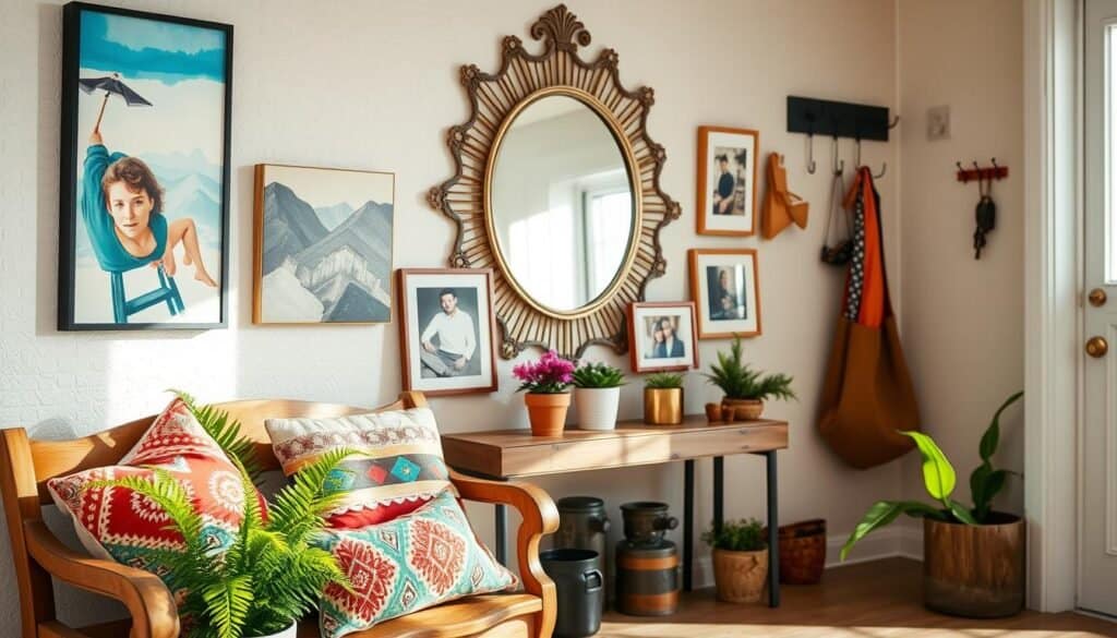 A cozy entryway featuring unique decor elements, including a handcrafted wooden bench adorned with colorful, patterned throw pillows in the foreground. On the bench, a collection of vibrant potted plants, such as ferns and succulents, adds a touch of greenery and life. In the middle of the scene, a large, decorative mirror hangs on the wall, reflecting soft, natural light streaming in from a nearby window. A series of art pieces, including abstract paintings and framed photographs showcasing personal memories, are displayed in an eclectic arrangement around the mirror. The background includes a light, textured wall and a stylish coat rack with hanging accessories. The overall atmosphere is warm and inviting, enhanced by bright, soft sunlight, creating a fresh and airy feel. The scene should be viewed from a slightly angled perspective, emphasizing the personal touches in the entryway.
