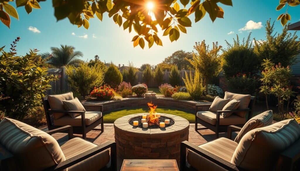 A cozy fire pit seating circle nestled in a beautifully landscaped backyard. In the foreground, plush, modern outdoor chairs encircle a crackling fire pit, each adorned with soft, inviting cushions in earthy tones. The middle ground features a rustic wooden table covered with s'mores ingredients, accentuated by flickering candlelight. The background reveals lush greenery and vibrant flowers, with a perfect blue sky overhead, softly illuminated by warm, golden sunlight. The image is captured at a slight angle to emphasize depth, showcasing the inviting atmosphere designed for relaxation and gathering. A gentle breeze rustles the leaves, enhancing the serene mood of an inviting summer evening.