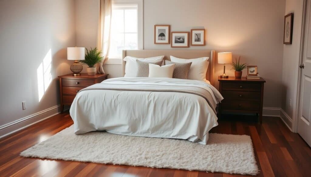 A cozy guest bedroom featuring a beautifully made queen-sized bed with soft, white linens and an inviting assortment of decorative pillows. Flanking the bed are elegant wooden nightstands adorned with warm, glowing lamps casting a gentle light. The walls are painted a soothing pastel color, and a plush area rug is laid on polished hardwood floors, adding warmth to the space. In the background, a window allows soft sunlight to filter in, illuminating the room and casting subtle shadows. A potted plant and a few framed artworks add touches of greenery and personality. The overall atmosphere is welcoming and serene, designed to make guests feel instantly at home. The composition is shot with a wide-angle lens to capture the full essence of the room, ensuring it feels spacious and airy.
