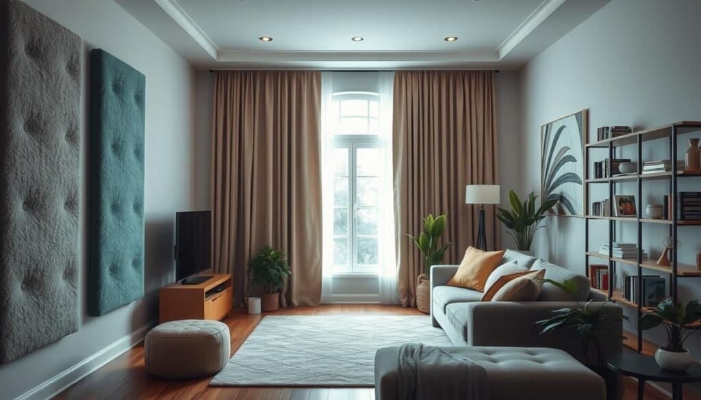 A cozy home interior showcasing various sound dampening solutions for a quieter atmosphere. In the foreground, display plush acoustic panels in stylish colors mounted on the walls, next to thick, textured curtains gracefully framing a bright window. The middle ground features a comfortable seating area with a soft rug and upholstered furniture, enhancing the room's comfort. In the background, include a bookshelf filled with decorative items and plants that absorb sound. The room is illuminated by soft natural light filtering through the window, creating a calm atmosphere. Use a wide-angle lens to capture the spacious feel of the space, emphasizing an airy, inviting ambiance perfect for relaxation.