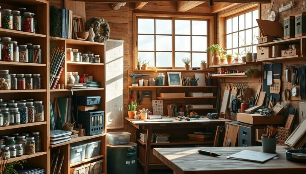 A cozy home workshop scene showcasing a variety of DIY storage solutions for hobbies and collections. In the foreground, a beautifully crafted wooden shelving unit holds an array of colorful hobby supplies like art materials, collectibles, and plants, with clear jars and organizers neatly arranged. The middle features a rustic workbench with tools, a small potted plant, and a few unfinished projects, casting soft shadows. In the background, light floods through a large window, illuminating the space with bright, natural light and highlighting the wood grain textures. The atmosphere is warm and inviting, embodying creativity and practicality in a well-organized environment.