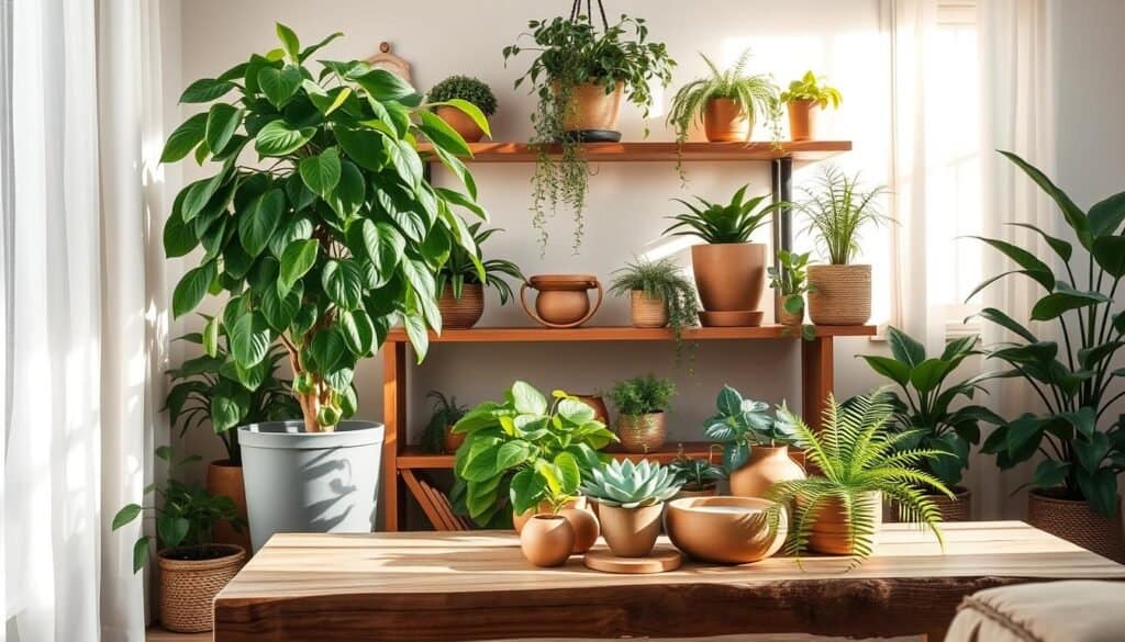 A cozy indoor scene featuring an array of lush, green plants in varying sizes, displayed elegantly on wooden shelves and a rustic coffee table. In the foreground, a large potted fiddle leaf fig stands tall, complemented by trailing pothos cascading from a hanging planter. The middle layer includes a curated selection of smaller succulents and ferns, arranged harmoniously around natural wood accents, such as a handcrafted wooden bowl and a bamboo vase. Soft, warm sunlight filters through sheer curtains, casting gentle shadows and creating an inviting, tranquil atmosphere. The background showcases a light, airy room with neutral walls and natural textures, enhancing the aesthetic of wood and greenery as focal points. The overall mood is serene and refreshing, ideal for those seeking inspiration for natural home accents.