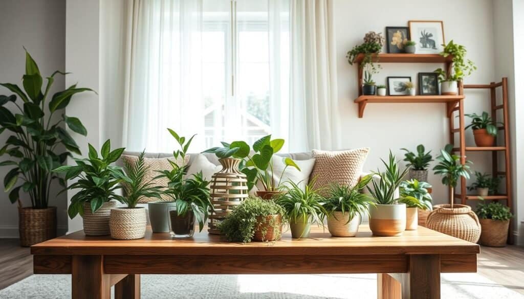 A cozy indoor scene showcasing an array of lush indoor plants elegantly decorating a modern living space. In the foreground, a sturdy wooden coffee table holds assorted potted plants with vibrant foliage, and a textured woven basket filled with greenery. The middle ground features a sunny window adorned with sheer curtains, allowing soft, natural light to illuminate the room, casting gentle shadows. In the background, rustic wooden shelves display additional plants and artful decorations, enhancing the organic ambiance. The overall atmosphere feels fresh and inviting, with an earthy color palette and a sense of tranquility, inspired by nature's beauty in home décor. The image should be captured with a wide-angle lens to emphasize the open space, with bright, airy lighting creating a serene mood.