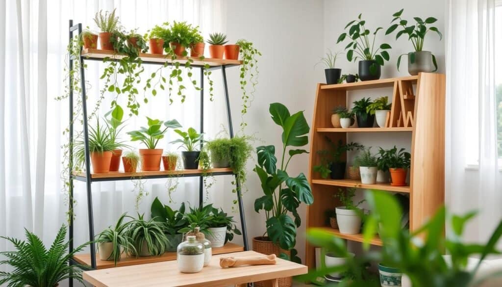 A cozy indoor setting featuring innovative shelving ideas for displaying various indoor plants, ideal for small spaces. The foreground showcases a stylish wooden shelf with a diverse array of potted plants, including ferns, succulents, and trailing vines, arranged thoughtfully for visual interest. In the middle ground, there's a light wood table with a few decorative plant pots and natural wood accents. The background reveals a sunlit window, adorned with sheer curtains, allowing soft natural light to flood the room, creating an airy atmosphere. The overall mood is tranquil and inviting, perfect for a home environment, with a focus on earthy tones and textures that highlight the beauty of wood and greenery.