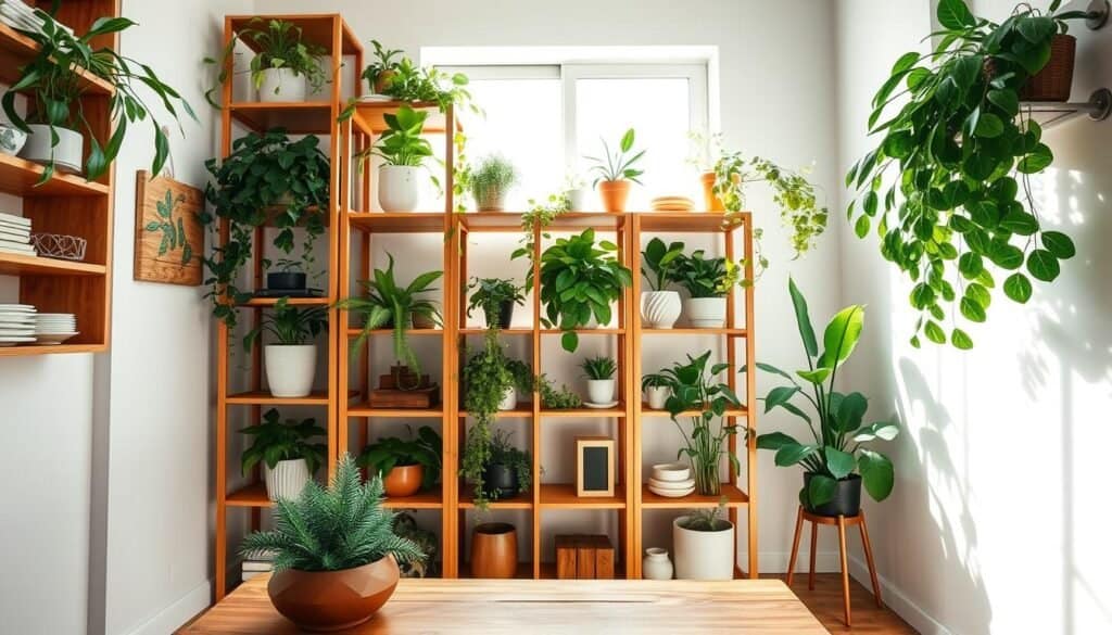 A cozy indoor setting showcasing a beautifully arranged shelving unit made of warm-toned wood, filled with a variety of lush indoor plants in decorative pots. In the foreground, include a small succulent garden on a wooden table for added texture. The middle ground features a tall, open shelving unit with green plants cascading down, such as ferns and pothos, complemented by stylish wooden accents and minimalist decor pieces. In the background, a soft, airy window lets in bright, natural light that casts gentle shadows, creating an inviting atmosphere. The overall mood is serene and refreshing, promoting a sense of tranquility in a small, well-organized space, captured with a wide-angle lens to emphasize depth and warmth.