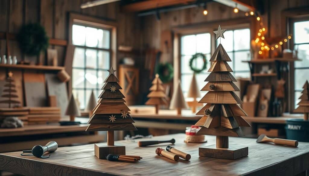 A cozy indoor workspace filled with the warmth of the holiday season, showcasing a variety of DIY wooden Christmas trees made from reclaimed wood. In the foreground, a beautifully crafted small wooden tree stands proudly on a rustic workbench, adorned with simple, cute decorations like cinnamon sticks and twine. The middle ground features an assortment of tools—saw, hammer, and paintbrushes—neatly arranged, hinting at the crafting process. In the background, large windows let in soft, natural light, illuminating the space and casting gentle shadows that enhance the wooden textures. A subtle festive atmosphere is created with a small wreath hanging on the wall and a few twinkling fairy lights. The mood is warm, inviting, and inspiring, perfect for encouraging creativity in woodworking projects.