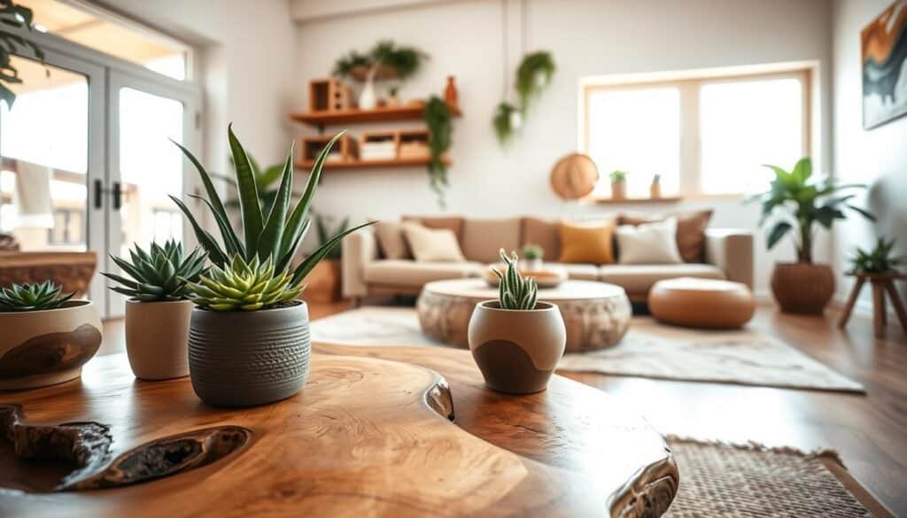 A cozy interior showcasing sustainable home decor inspired by natural elements. In the foreground, a beautifully crafted wooden coffee table with organic shapes, adorned with potted green plants like succulents and ferns. The middle ground features a comfortable seating area with eco-friendly cushions in earthy tones, alongside a wall shelf made of reclaimed wood, displaying artisan-crafted items. In the background, large windows allow soft, bright natural light to stream in, illuminating the space and highlighting the textures of wood and greenery. The atmosphere is warm and inviting, promoting a sense of tranquility and ethical living. Use a wide-angle lens to capture the entire scene from a slight low angle for depth and perspective.