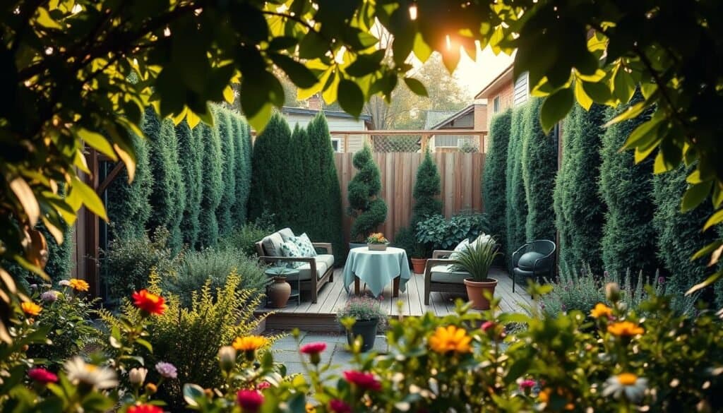 A cozy, inviting backyard scene that conveys a sense of privacy and comfort. In the foreground, lush greenery and colorful flowers create a natural barrier. The middle features a wooden patio with comfortable seating arranged around a small table, adorned with a tasteful tablecloth. Potted plants surround the seating area, enhancing the feeling of seclusion. In the background, tall hedges and a wooden fence provide a distinct separation from neighboring yards. The setting is illuminated by soft, warm sunlight filtering through the leaves, creating a serene and airy atmosphere. The angle captures the scene from a slightly elevated perspective, emphasizing the layered landscaping and inviting ambiance of a private retreat.