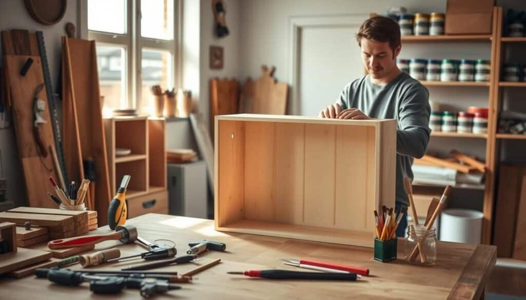 A cozy, inviting home workshop scene focusing on various DIY projects. In the foreground, a clean wooden workbench displays an assortment of tools, such as a hammer, screwdriver, and paintbrushes, beside a partially assembled wooden shelf. The middle ground features a person, dressed in modest casual clothing, actively assembling a small cabinet, a look of concentration on their face. Soft natural light floods the scene through a nearby window, creating warm highlights and gentle shadows. In the background, shelves lined with neatly organized paint cans and project materials enhance the atmosphere of creativity and productivity. The overall mood is inspirational and practical, showcasing the joy of tackling small home improvements.