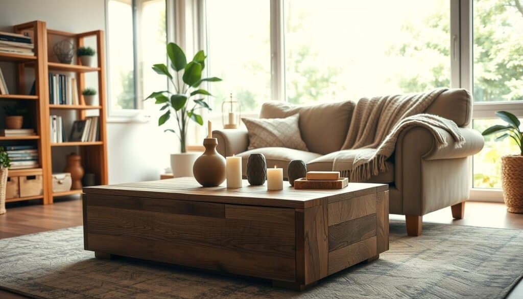A cozy, inviting living room setting showcasing a variety of DIY furniture projects. In the foreground, a handcrafted wooden coffee table with a rustic finish, adorned with a stylish vase and a few candles. To the left, a simple bookshelf made from reclaimed wood, filled with books and potted plants. In the middle, a comfy, oversized armchair with a knitted throw draped over it, emphasizing a warm and homely vibe. The background features soft, natural light streaming through large windows, creating an airy atmosphere filled with greenery outside. The mood is relaxed and creative, capturing the essence of DIY ingenuity and home improvement. A wide-angle lens heightens the perspective, ensuring a spacious feel while focusing on tactile details and textures.