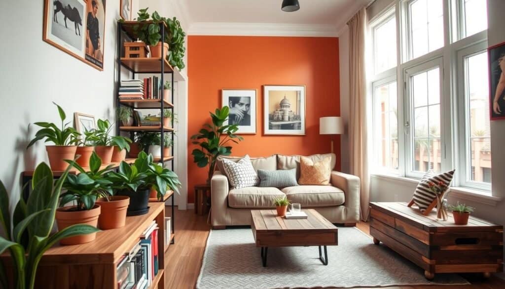 A cozy, inviting small living room featuring room-specific DIY improvements. In the foreground, a well-crafted wooden bookshelf brimming with vibrant potted plants and books, showcasing a mix of modern and rustic decor. The middle ground reveals a stylish, comfortable sofa with tasteful throw pillows, next to a compact coffee table made from reclaimed wood. Natural light floods the room through large windows, creating a soft, airy atmosphere. In the background, a freshly painted accent wall with framed artwork adds a pop of color. The scene is captured at eye level with a warm tone, evoking a sense of warmth and inspiration for home improvement ideas.