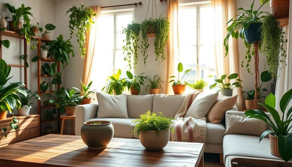 A cozy living room adorned with a variety of lush indoor plants, such as fiddle leaf figs, snake plants, and pothos cascading from stylish wooden shelves. In the foreground, a rustic wooden coffee table featuring a decorative ceramic pot with vibrant greenery. The middle ground showcases a comfortable sofa draped with a soft, neutral-colored throw blanket, surrounded by strategically placed potted plants. The background reveals large windows allowing bright, natural light to flood the room, casting soft shadows and creating an airy ambiance. The scene is accentuated by warm sunlight filtering through sheer curtains, emphasizing a tranquil and inviting atmosphere, perfect for mindful plant care routines.