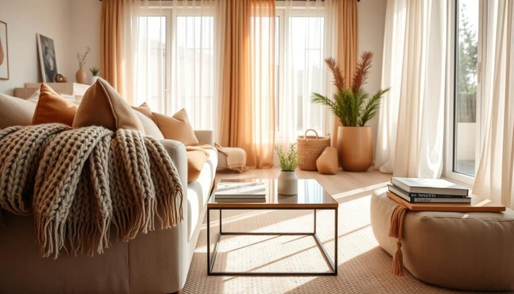 A cozy living room adorned with adaptable textiles, featuring a plush sofa with soft, layered cushions in warm earth tones. The foreground showcases a textured knitted throw draped casually over the arm of the couch, next to a trendy coffee table with a few minimalist accessories like a small potted plant and stylish magazines. In the middle, large windows let in bright, natural light, casting soft shadows and illuminating sheer curtains that gently sway. The background reveals light wooden flooring and a soft area rug that ties the space together. The atmosphere is inviting and comfortable, filled with airy natural light and warm accents, capturing a serene and cozy ambiance that responds beautifully to changing light throughout the day.