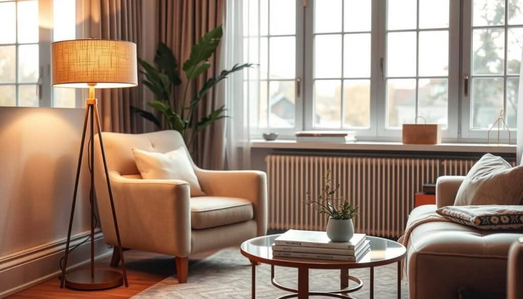 A cozy living room adorned with modern home decor trends, featuring elegant floor lamps that cast a warm, inviting glow. In the foreground, a sleek, stylish floor lamp with a soft fabric shade stands beside a plush, designer armchair. The middle of the scene highlights a small coffee table adorned with books and a delicate plant, reflecting creativity and comfort. In the background, large windows allow soft, natural light to filter in, illuminating the airy space with a cheerful ambiance. The color palette includes warm neutrals and soothing pastels, fostering a sense of tranquility. The overall mood is inviting and serene, perfect for a comfortable small living room setting. Emphasize bright natural light and a spacious feel.