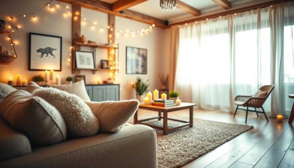 A cozy living room bathed in soft, warm light, featuring a mix of flickering candles and delicate string lights creating a magical atmosphere. In the foreground, a comfortable, plush couch adorned with fluffy throw pillows rests on a textured rug. The middle of the room showcases a stylish coffee table adorned with books and a small potted plant, surrounded by illuminated candles. The background reveals a well-lit window draped in sheer curtains, allowing bright natural light to filter gently in. The entire scene is framed with rustic wooden accents and light wooden floors, evoking a tranquil, inviting ambiance perfect for relaxation. The lens captures a slight angle that enhances depth, emphasizing the warmth and charm of the space.