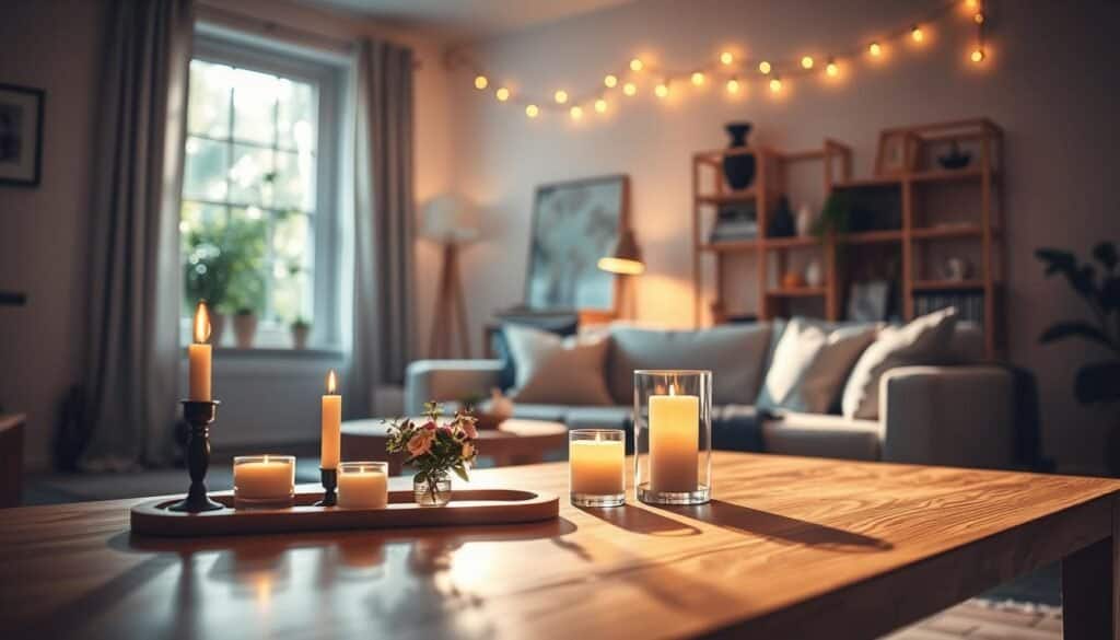 A cozy living room bathed in soft, warm natural light, featuring a beautifully designed ambient lighting setup. In the foreground, a stylish wooden table adorned with a few elegant candles and a small vase of fresh flowers, casting gentle shadows. In the middle background, a modern floor lamp emits a warm glow, while string lights are draped artistically above a comfortable seating area, enhancing the inviting atmosphere. The walls are painted in calming neutral tones, and a small bookshelf filled with decor enhances the homey feeling. Outside the window, soft sunlight filters through green foliage, adding a touch of nature. The overall mood is serene and inviting, perfect for relaxation. The scene is captured with a shallow depth of field to emphasize the warm light and cozy details.