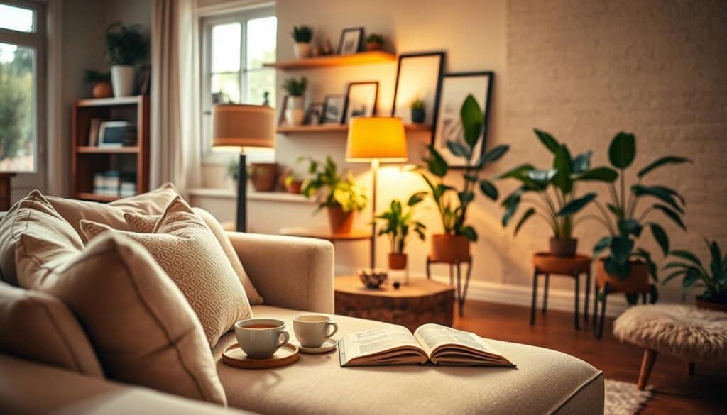 A cozy living room bathed in warm, inviting light. In the foreground, a plush, beige sofa adorned with softly patterned throw pillows invites relaxation. A small, rustic wooden coffee table holds a steaming cup of tea and an open book. In the middle, a stylish floor lamp with a warm-toned shade casts a gentle glow, illuminating vibrant indoor plants that add life to the space. The background features a softly lit shelf displaying curated decor items, framed family photos, and a textured wall that enhances the room's warmth. Large windows allow soft sunlight to filter in, complementing the overall soothing atmosphere. Capture this scene with a shallow depth of field for a cozy, intimate feel, emphasizing the play of light and shadow.