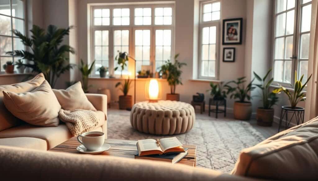 A cozy living room bathed in warm, inviting light. In the foreground, a soft, plush sofa with neutral-colored cushions, arranged with a knitted throw blanket. On a rustic wooden coffee table, a steaming cup of tea and a stack of well-loved books. The middle section features a vintage-style floor lamp with a soft glow, illuminating the space without harshness. A tufted area rug anchors the seating area, while houseplants in the corners add a touch of nature. In the background, large windows allow natural light to filter in gently, creating an airy atmosphere. The walls are adorned with family photos in simple frames, contributing to a sense of comfort. The overall scene evokes a welcoming and homey vibe, perfect for relaxing evenings.