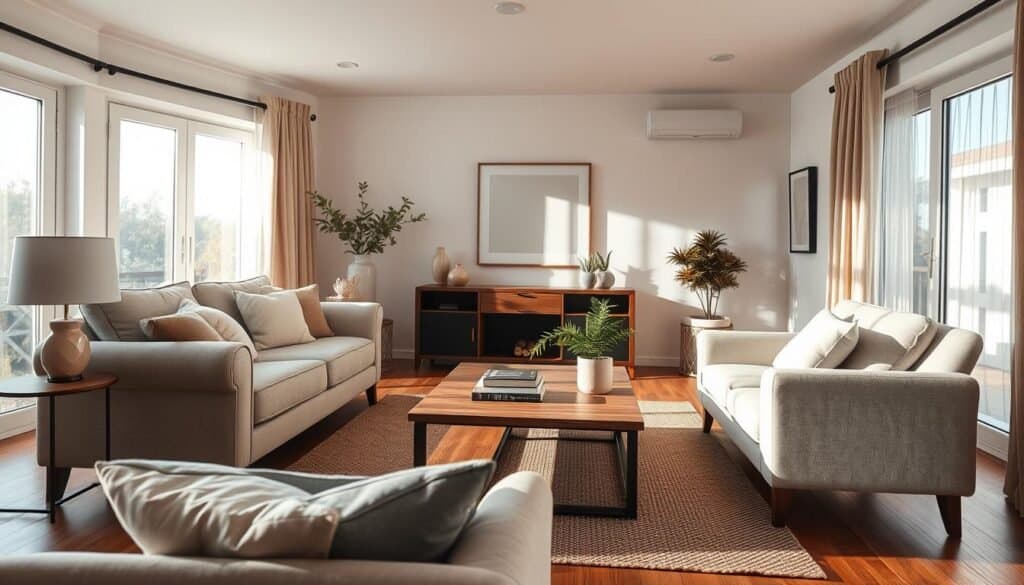 A cozy living room design featuring a well-arranged seating area that encourages conversation. In the foreground, showcase a plush sofa with soft cushions and a stylish armchair positioned closely for comfortable interaction. The middle layer should include a wooden coffee table adorned with decorative books and a small plant, emphasizing warmth and homeliness. The background should consist of softly lit windows allowing natural sunlight to fill the room, highlighting neutral-toned walls and warm wooden flooring. Add subtle textures, like a woven rug and elegant curtains, to enhance comfort. The atmosphere should feel inviting and airy, with gentle rays of sunlight creating a serene ambiance, perfect for relaxing gatherings. Capture the scene from a slightly elevated angle to showcase the layout effectively.