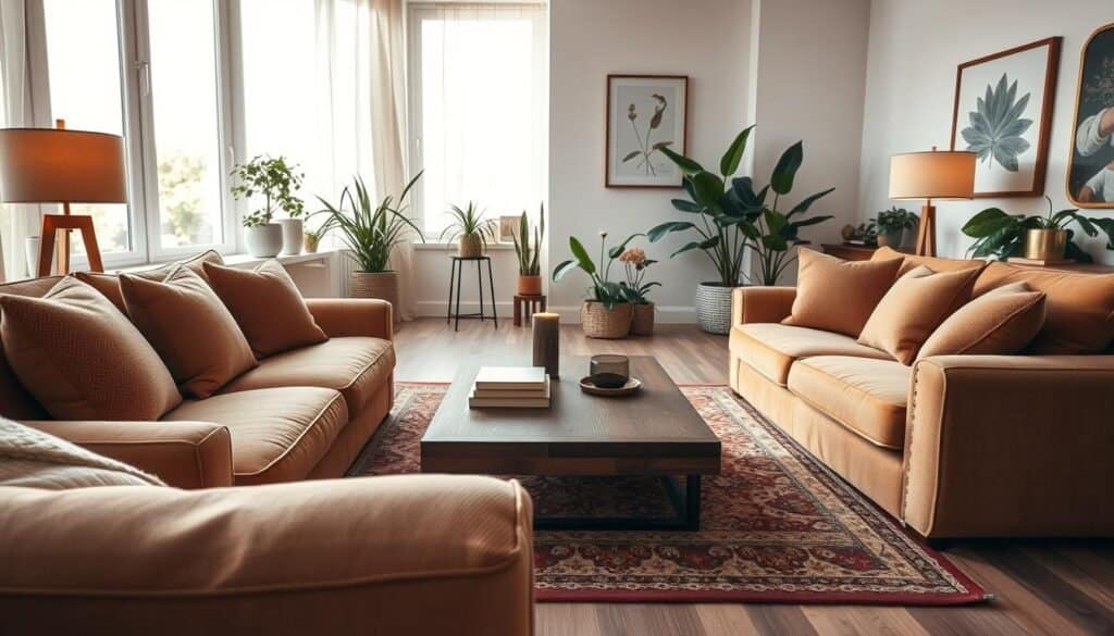 A cozy living room design showcasing a balanced layout. In the foreground, a plush, oversized sofa with soft, textured cushions in warm earth tones invites relaxation. A low wooden coffee table adorned with a few neatly arranged books and a scented candle sits centrally. The middle area features a beautifully patterned area rug that adds warmth and ties the elements together. Ambient lighting from stylish floor lamps casts a soft glow, enhancing the inviting atmosphere. In the background, large windows allow bright, natural light to filter in, illuminating potted plants and tasteful wall art. The overall mood is serene and inviting, embodying comfort with cozy finishing touches. The composition is captured from a slightly elevated angle to reveal the harmonious balance of the layout.