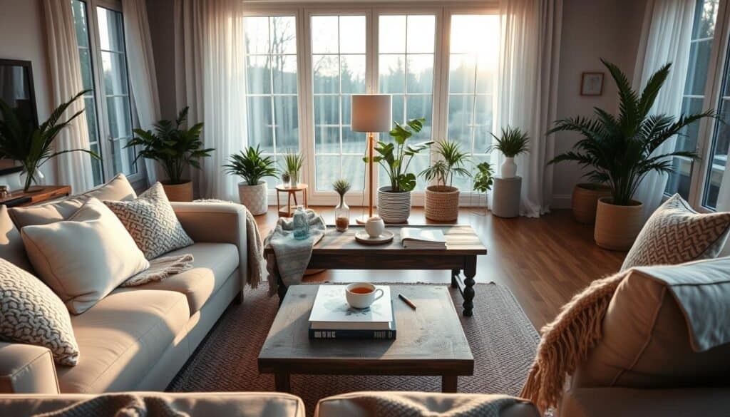 A cozy living room design that reflects an evening routine. The foreground features a plush, inviting sectional sofa adorned with soft throw pillows and a stylish knitted blanket. A rustic coffee table sits in the center, holding a warm cup of tea and a few books. In the middle, a chic area rug adds texture, complemented by a welcoming floor lamp casting soft, warm light. The background showcases large windows letting in bright natural light, with sheer curtains fluttering gently. Potted plants bring a touch of nature, contributing to the airy atmosphere. The overall mood is tranquil and inviting, designed for relaxation and comfort, embodying a perfect blend of modern and rustic styles, captured with a wide-angle lens to enhance the spaciousness.
